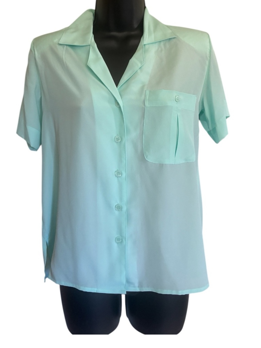 Jacobsons 80s 90s Blue Green Light Mint Short Sleeve Blouse Size M
